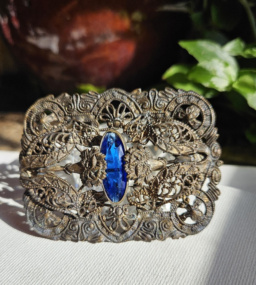 Antique Victorian Brooch Brass Blue Accent C clasp Filigree Pin