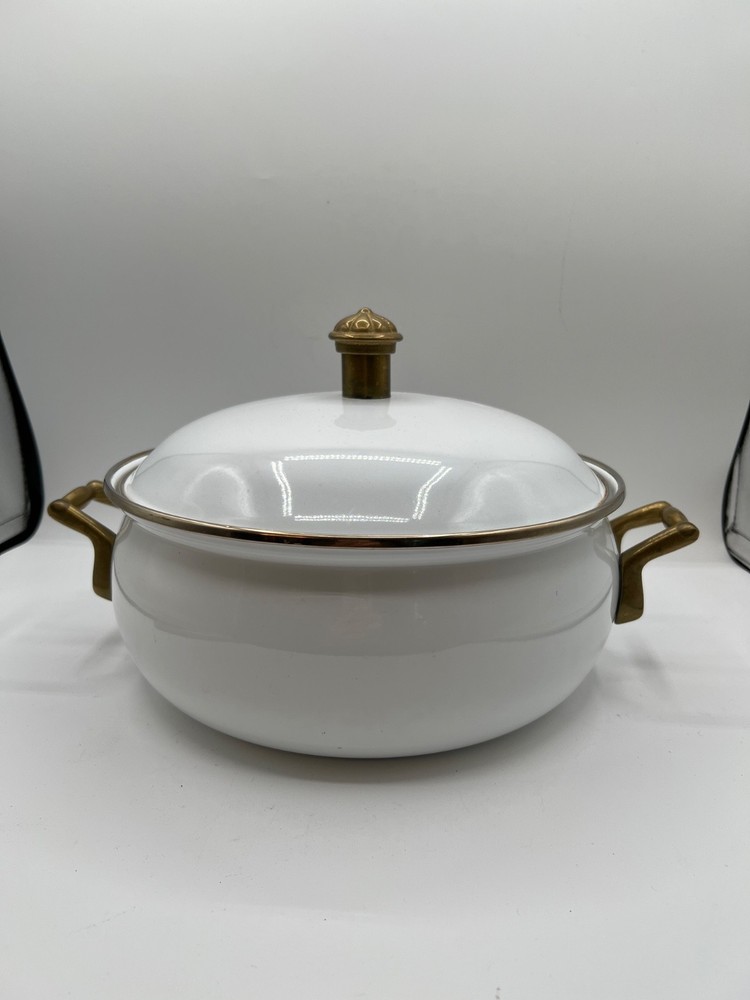 Vintage Bon Chef White Enamel 4 Quart Dutch Oven with Brass Handles