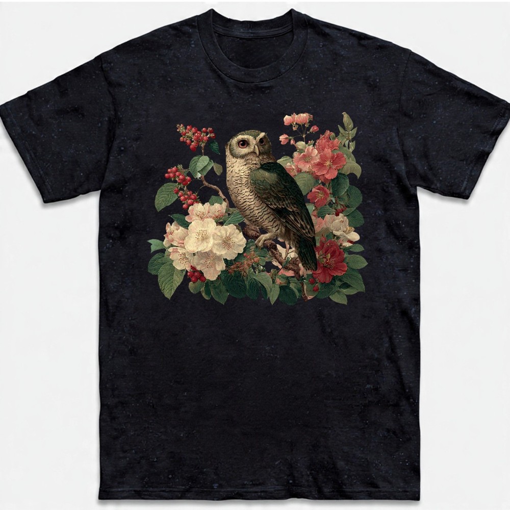 Vintage Owl T-Shirt Botanical Floral Art Bird Watching Nature Lover Graphic Tee