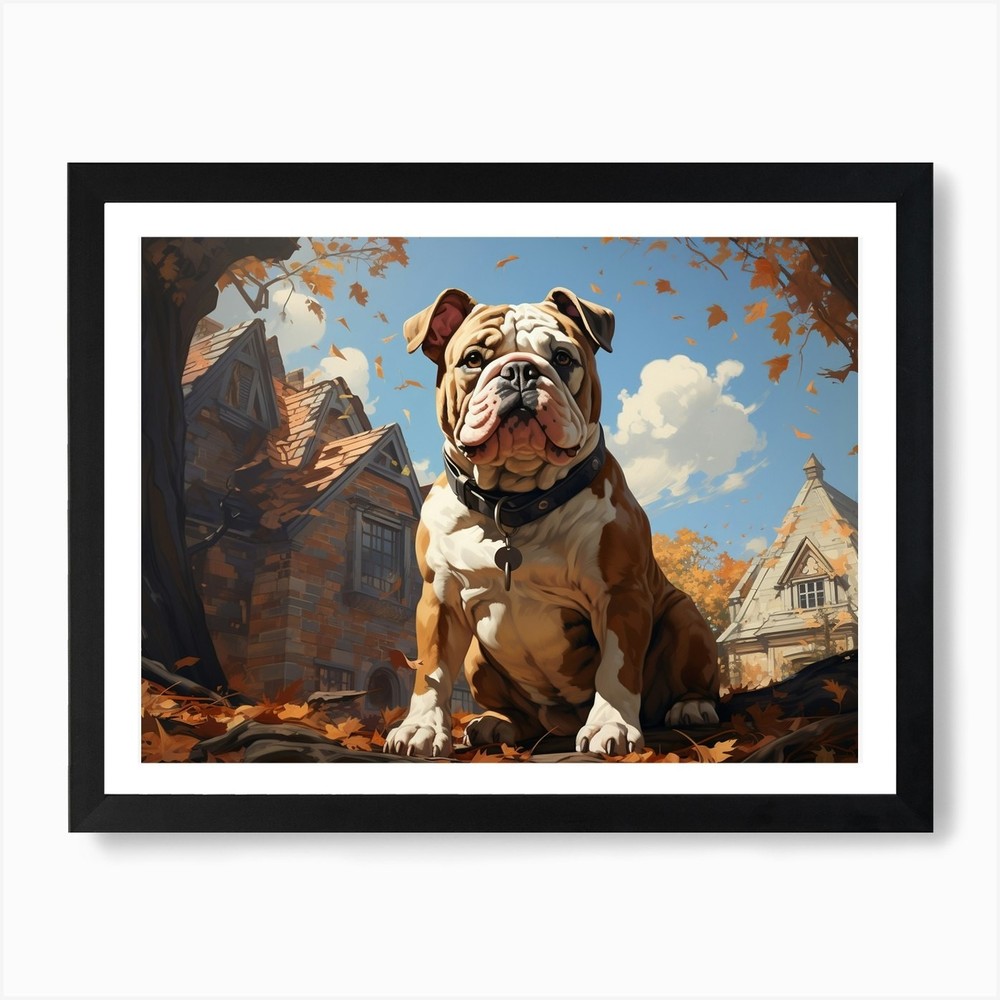 Bulldog In Autumn Art Print Framed Wall Art Poster Canvas Print Picture