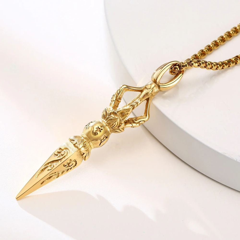Gold-Plated Sacred Vajra Pendant – Tibetan Spiritual Protection Necklace