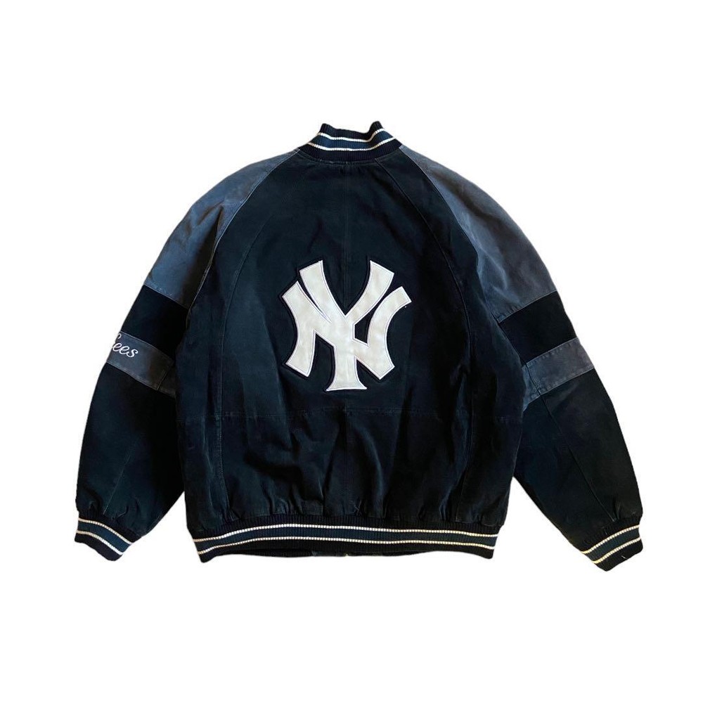 New York Yankees Leather Jacket XL Vintage Black/Grey/White Used