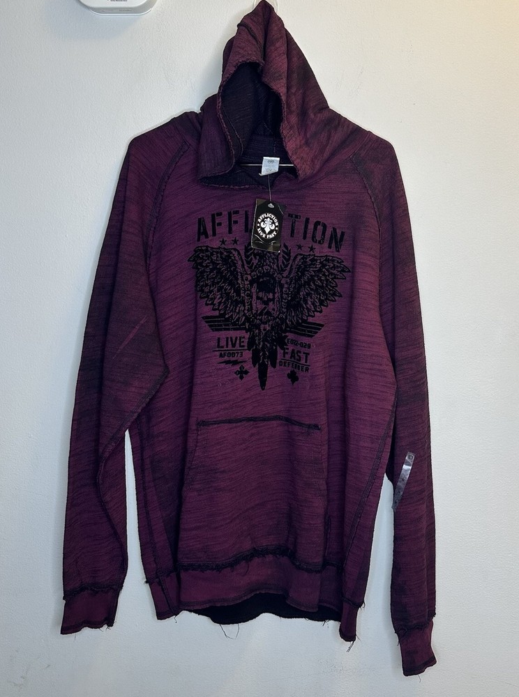 New Affliction Men's Art Of War Burgundy Reversible Hoodie Sweatshirts Size XL