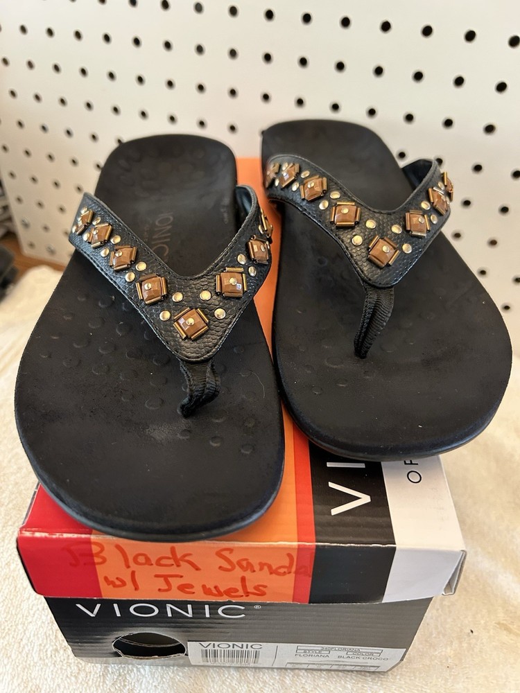 VIONIC Floriana Black Crocodile Straps Bronze Gold Accents Orthaheel Tech Size 8