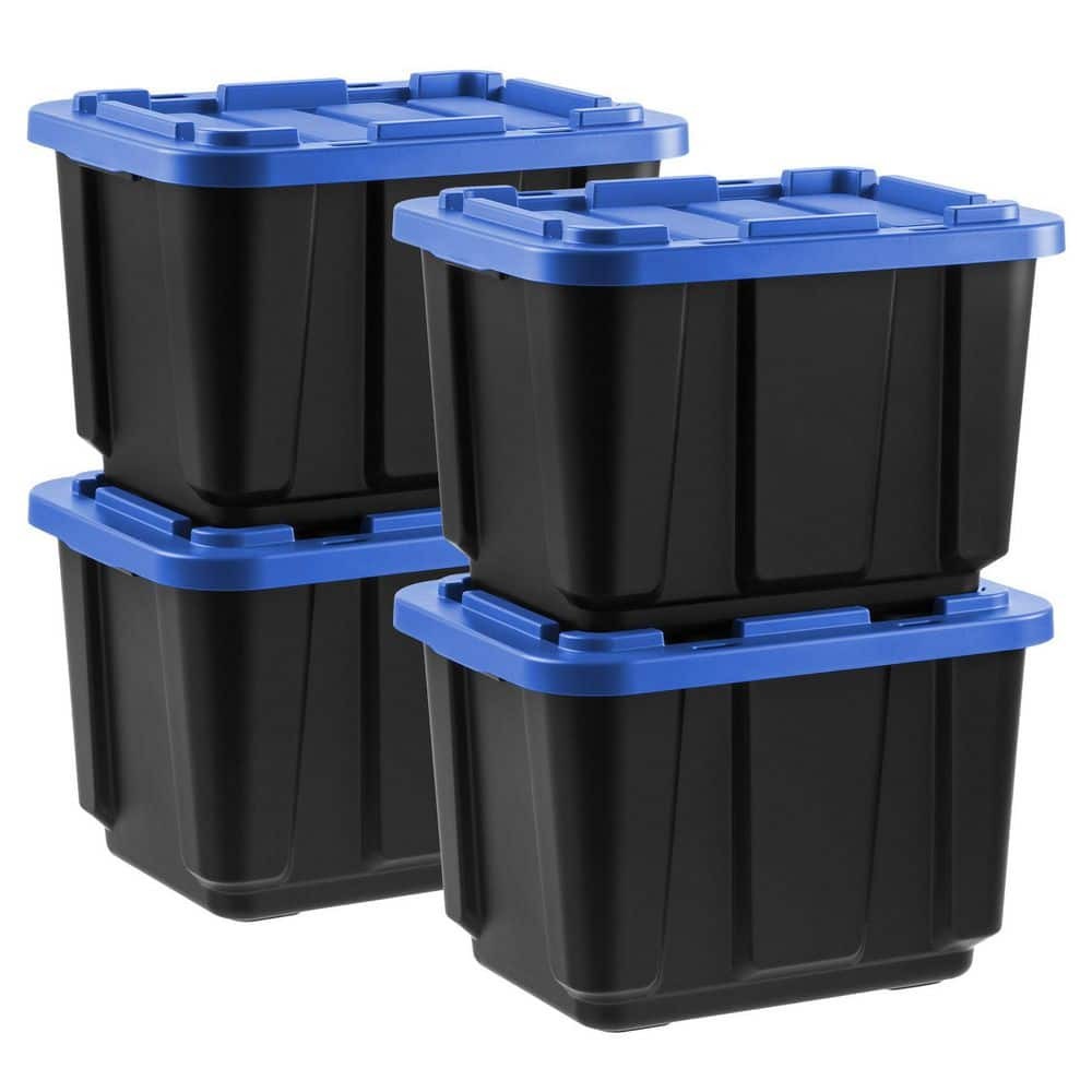 11.5gal.Stackable Storage Totes w/Lids,Black-Blue,4Pk