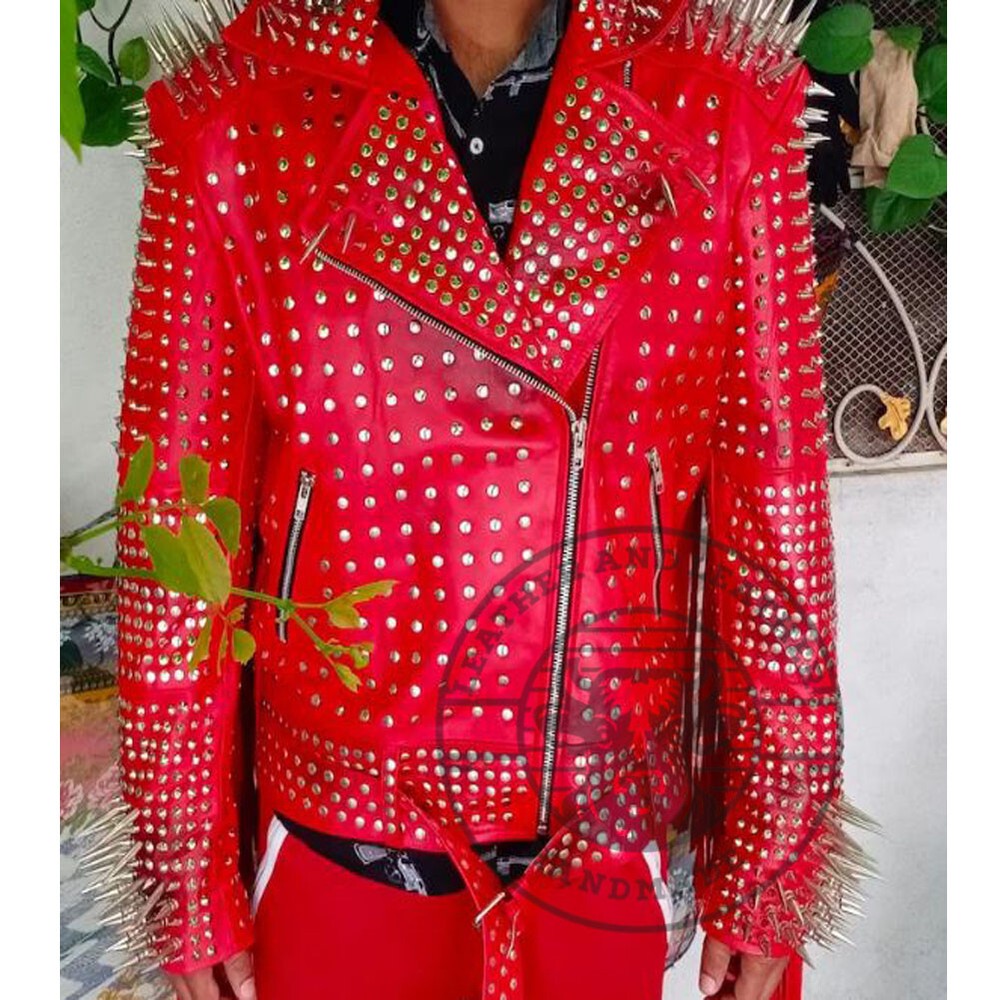 Handmade Red Fringed Leather Jacket with Silver Studs Brando Style