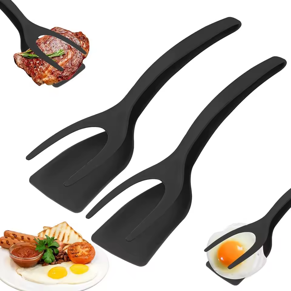 2-in-1 Grip Flip Spatula Tongs Non-Stick Egg Flipper for Pancake Omelet Steak
