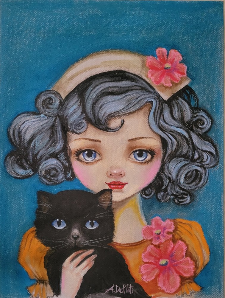 Oil Pastel Art by Alena De Ploti 12x16 Girl with Black Cat Painting