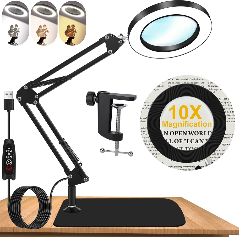 10X Magnifying Glass Light Stand Dimmer Adjustable Swing Arm 2-In-1 Desk Lamp