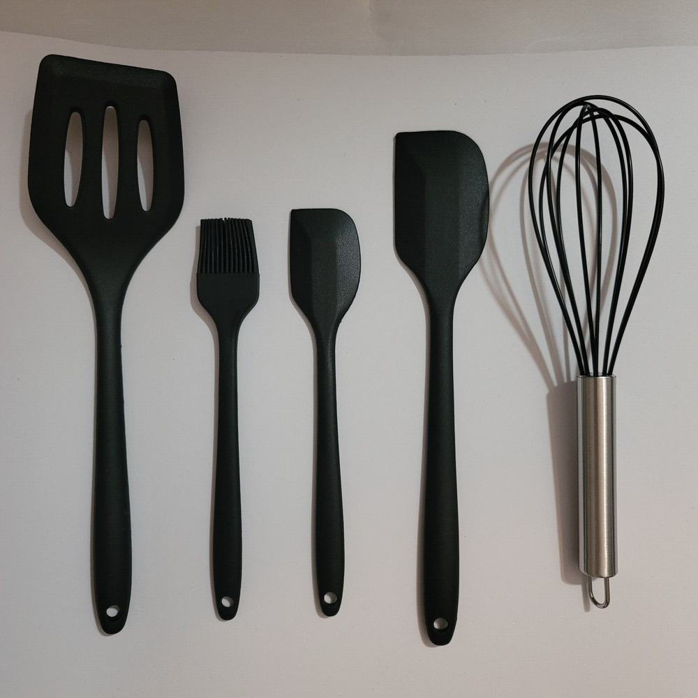 5 Piece Spatula, Spoonula, Beater, Baste Silicone Utensil Set: Jar, Cook - Black