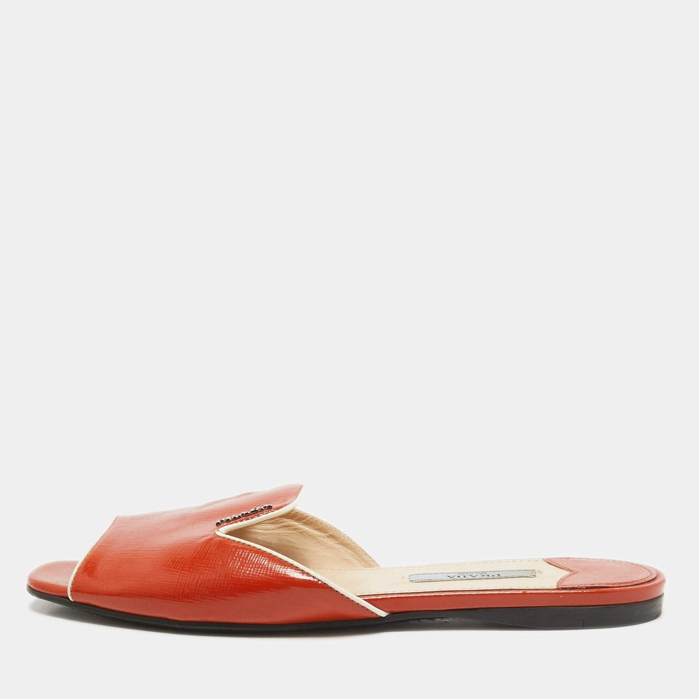 Prada Orange Patent Leather Flat Slides Size 36