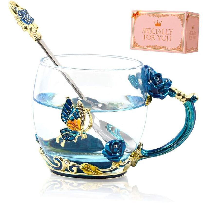 Skyblue Glass Tea Cup Gift for Mom Birthday Women Coffee Mug