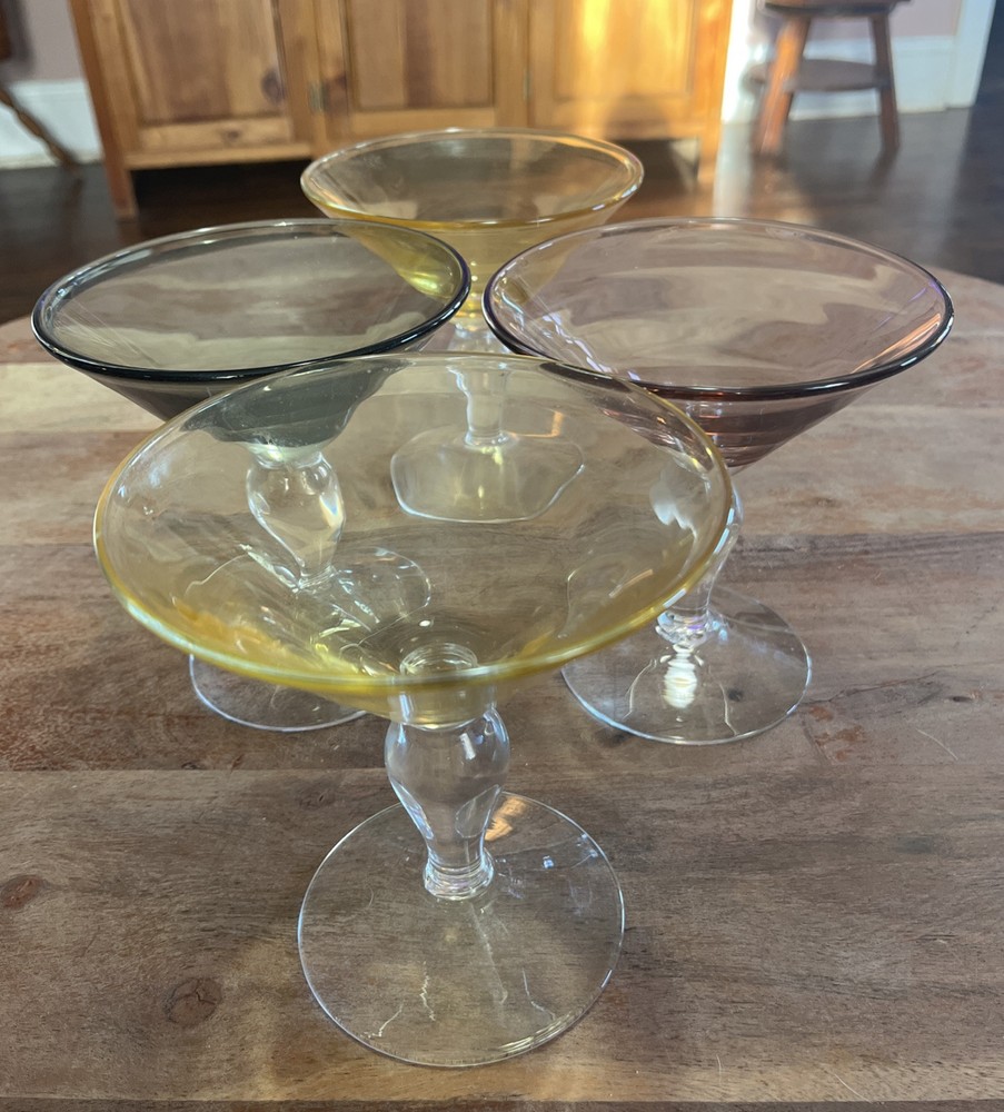 4  Hand Blown Vintage Martini Glasses (black, 2 yellow, purple) 5.5” Tall 5” Dia