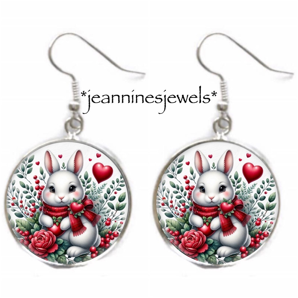 Valentines Day Rabbit Bunny EARRINGS Valentine Gift Silver Charm Dangle Earrings