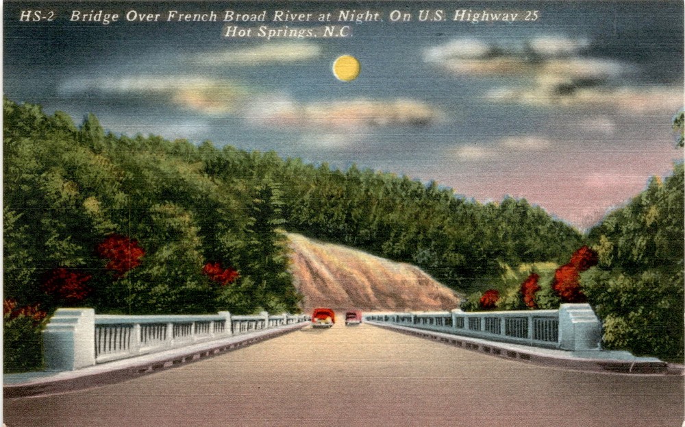 Bridge, French Broad River, Night, U.S. Highway 25, Hot Springs, North Postcard