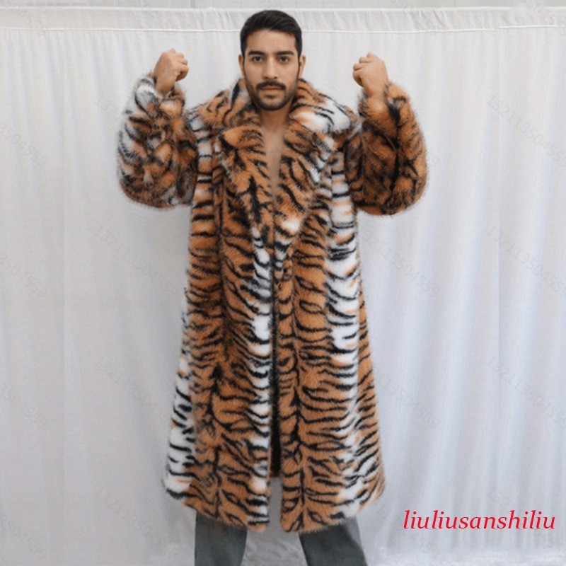 Mens Tiger Pattern Plush Faux Fur Coat Winter Warm Lapel Furry Thick Long Jacket