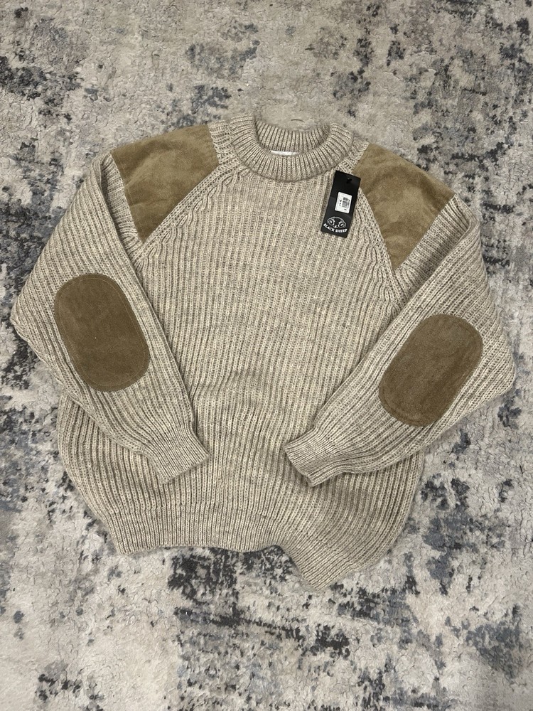 NWTBlack Sheep Men 100% Wool Sweater Suede Elbows Shoulder Patches XL Made In UK