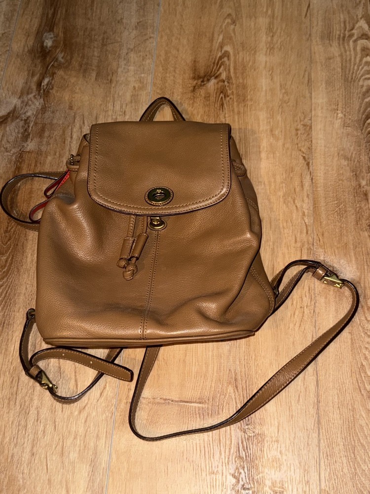 Coach Park Brown Pebble Leather Flap Backpack Turn Lock Y2K