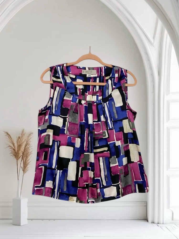 Kasper Womens Satin Geo Print Sleeveless Top Size Medium Petite Art To Wear