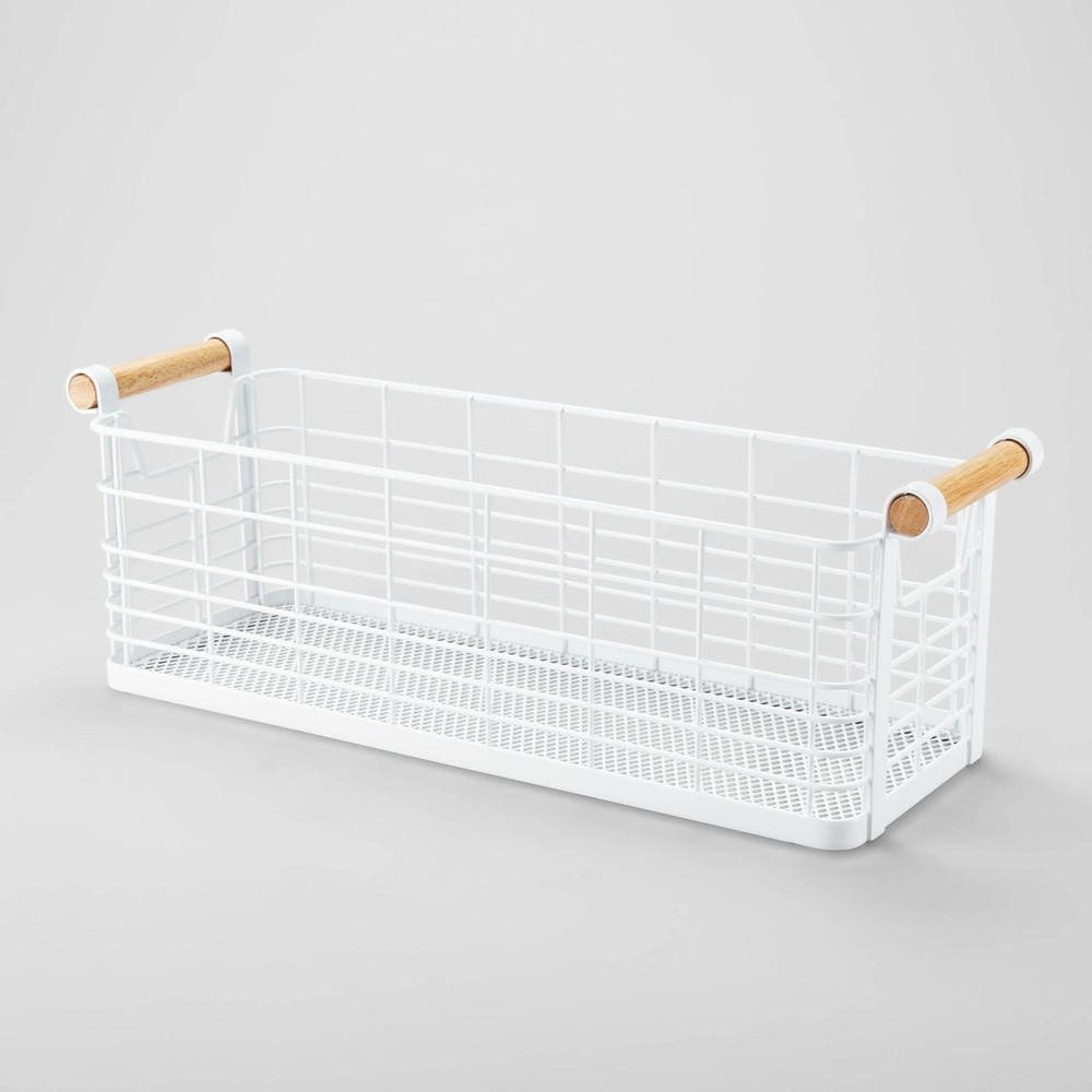 Wire Basket with Wood Handles Rectangular White Storage Organizer Bin