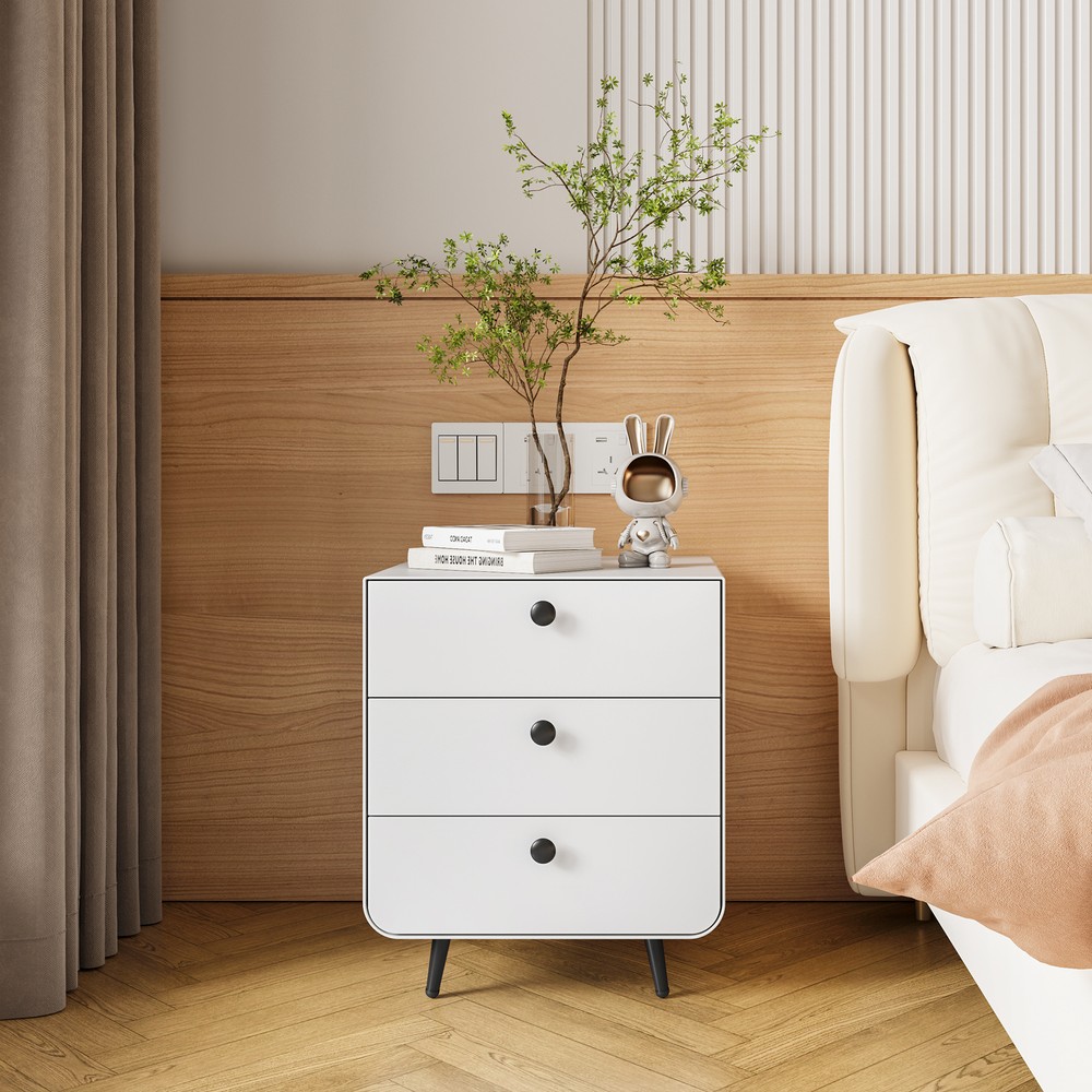 Modern Nightstand with 3 Drawers - Steel Storage Cabinet for Bedroom or Living Room