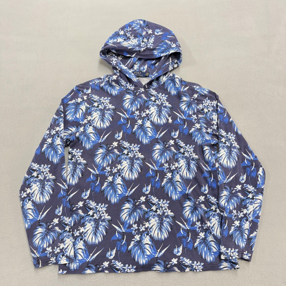 Polo Ralph Lauren Pullover Hoodie Mens Medium Blue Tropical Hawaiian Shirt