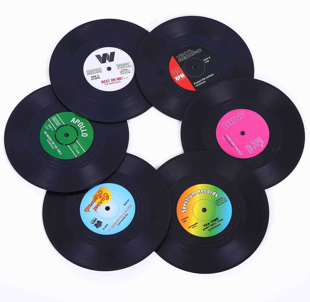 Coasters for Drinks with Gift Box - Set of 6 Colorful Retro Vinyl Record Disk C