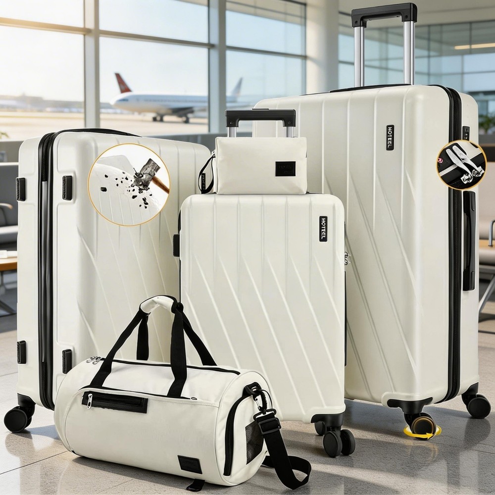 5 Piece Luggage Set 100% PC Hard Shell Large Checked Travel Suitcase Set Durable