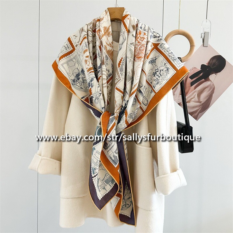 2025 Sallys Double Face Scarf 70% Cashmere 30% Silk Stole Stamps Print 53