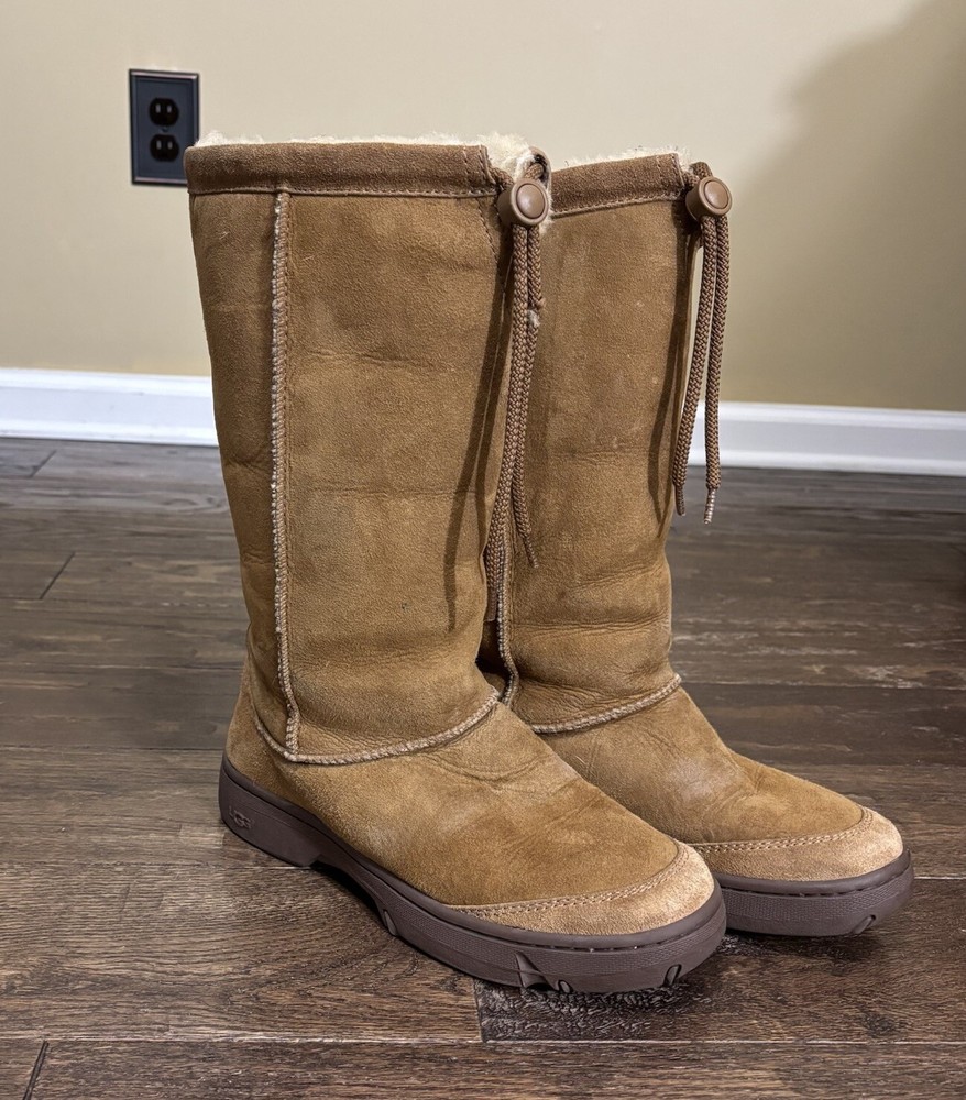 UGG Australia Ultimate Tall Boots Womens 9 Beige Suede Shearling Drawstring 5250