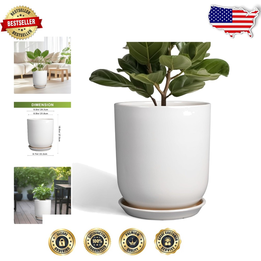 Stylish 10-inch White Ceramic Pot with Drainage for Indoor/Outdoor Plants