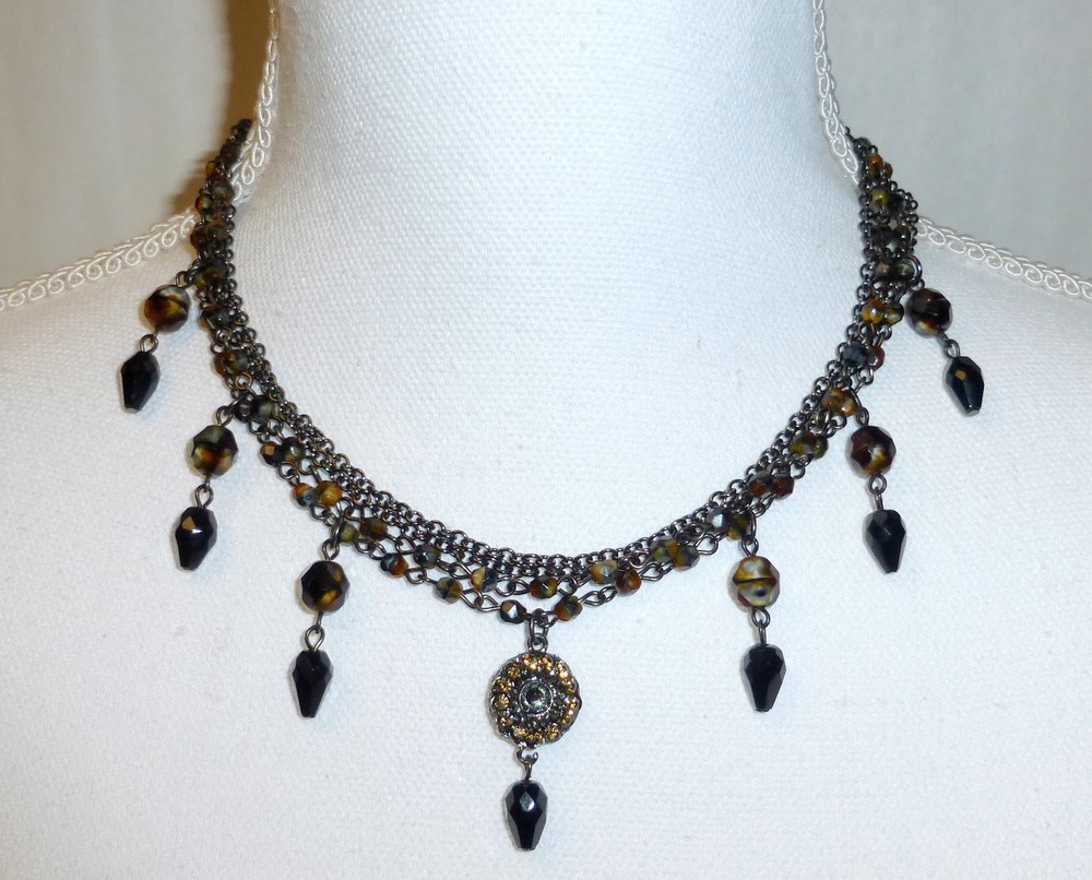Seasonal Whispers Victorian style Multi Strand Necklace with Black Glass Drops-image