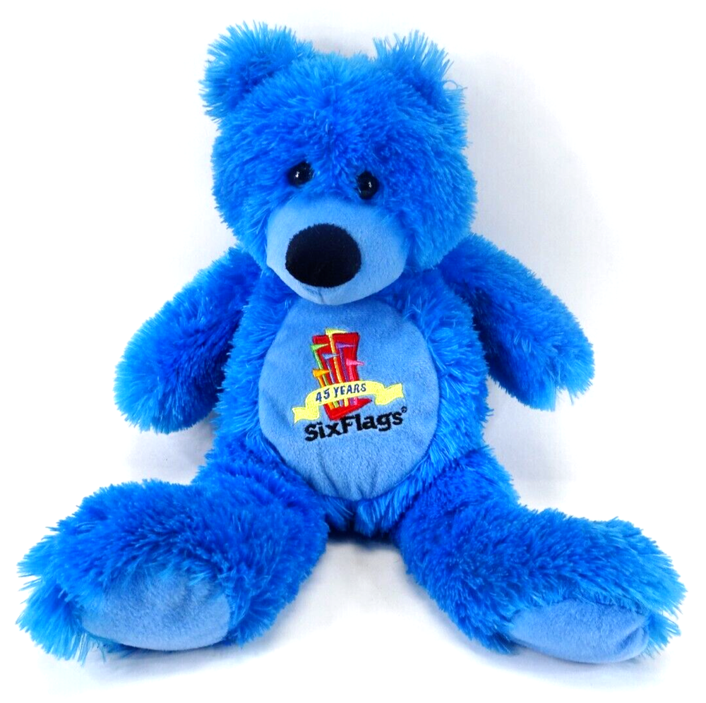 Six Flags 45 Years Blue Bear Stuffed Animal Plush Rare Collectible