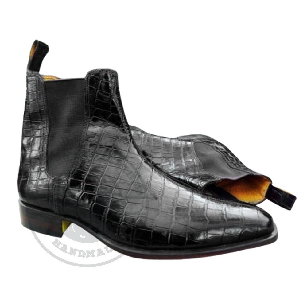 Men_s Alligator Chelsea Boots, Black Crocodile Texture Chelsea Leather Boots