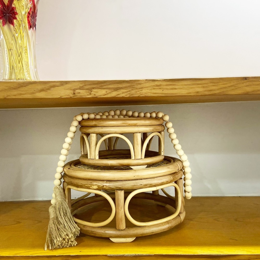 Rattan Wicker Round Plant Stand Set of 2 Indoor Decorative Risers