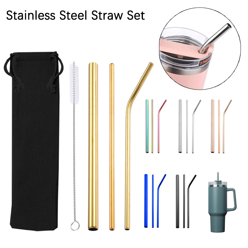 4PCS Stainless Steel Reusable Metal Drinking Straws with Cleaning Brush