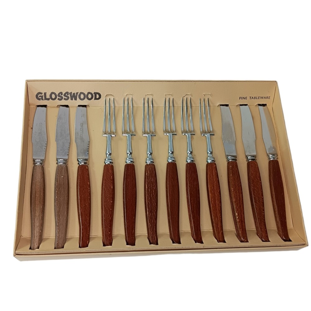 Glosswood Cutlery Tableware 6 Steak Knives 6 Forks Wood Handle & Box Vintage