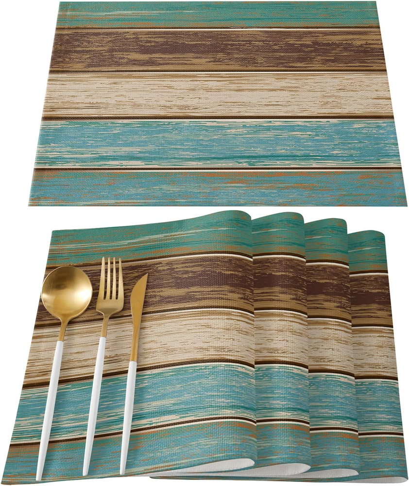 Placemats Set of 6, Retro Rustic Wood Texture Polyester Stain Resistant Table Ma