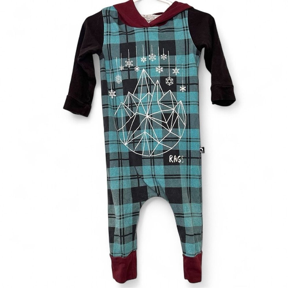 Rags Christmas Holiday Romper Hooded Snowflake Geostar 12-18 Month Plaid