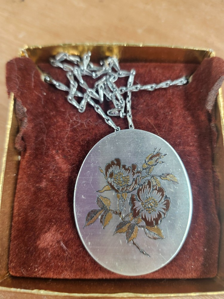 Vintage Reed & Barton Damascene Floral Pendant Brooch Necklace