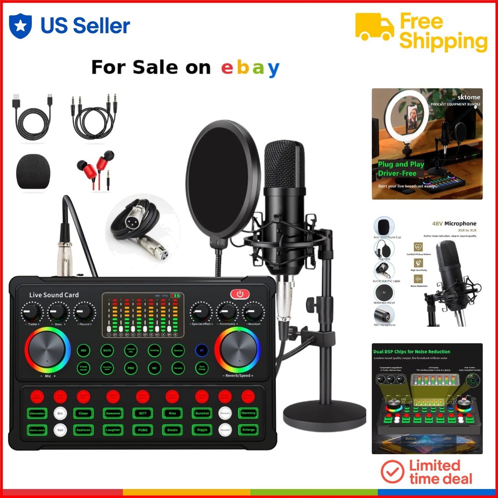 Podcast Equipment Bundle Microphone Voice Changer Mixer for Streaming Video R...