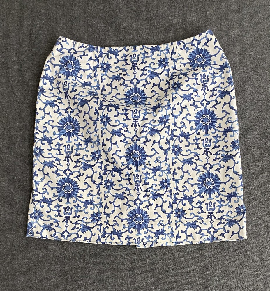 Lauren Ralph Lauren Skirt Womens White Blue Floral Short Lined Stretch Size 10