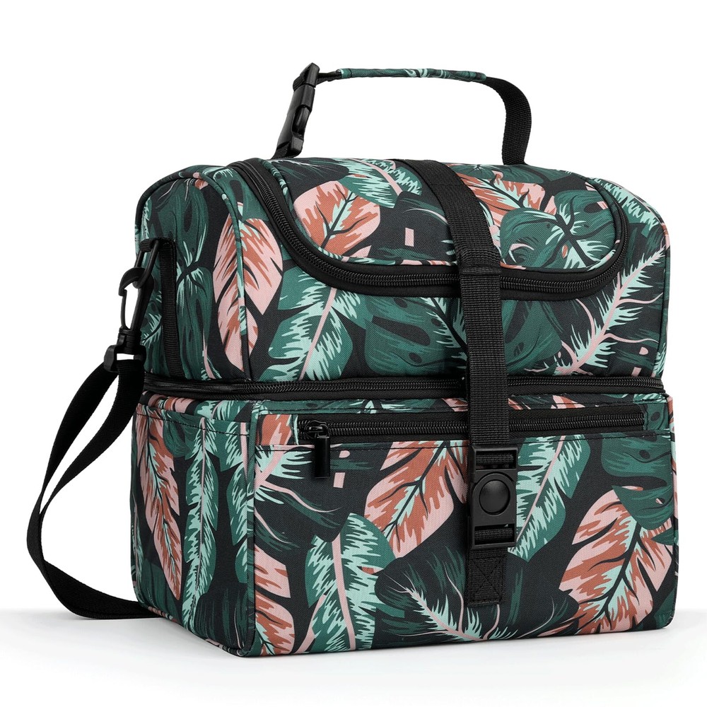 Insulated Double Deck Lunch Bag Large Reusable Adjustable Green Tropic Leaves-image