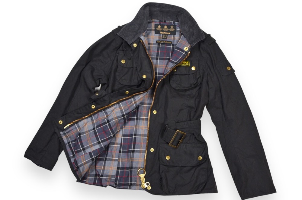 Women's Barbour International Wax Jacket Black L1925 Size 12 England Belted