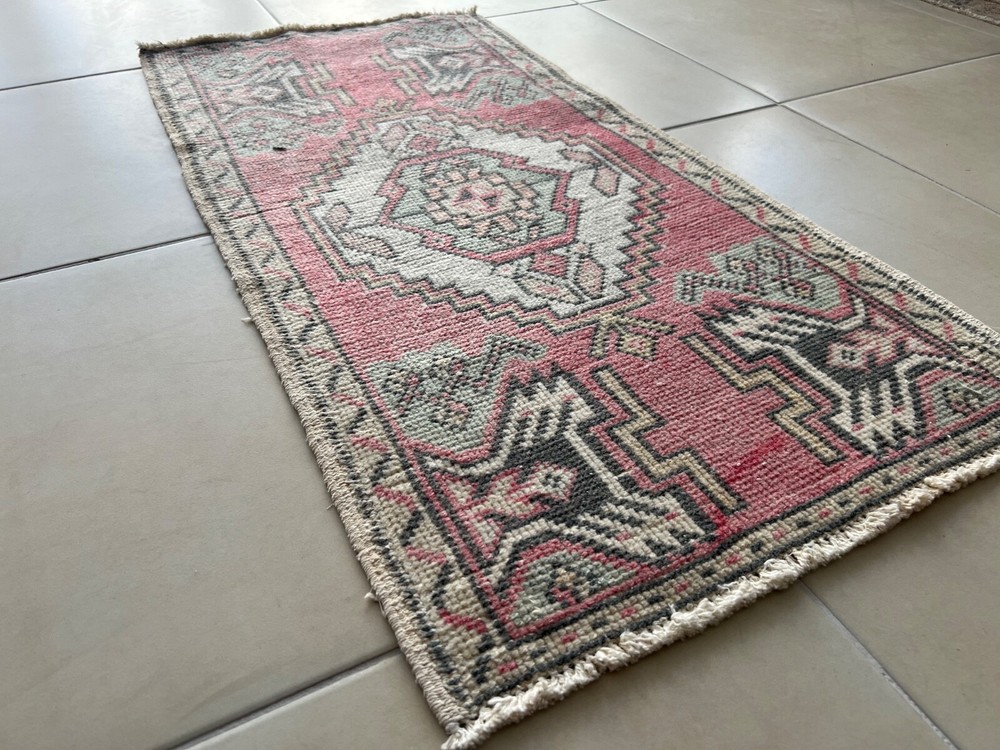 2x3 ft Vintage Turkish Rug – Hand Knotted Pink Wool Small Muted Rugs- Doormats