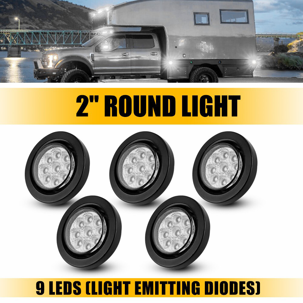 5-Pack 2-Inch DOT White Round 9 LED Trailer Marker Lights with Grommet for Trucks