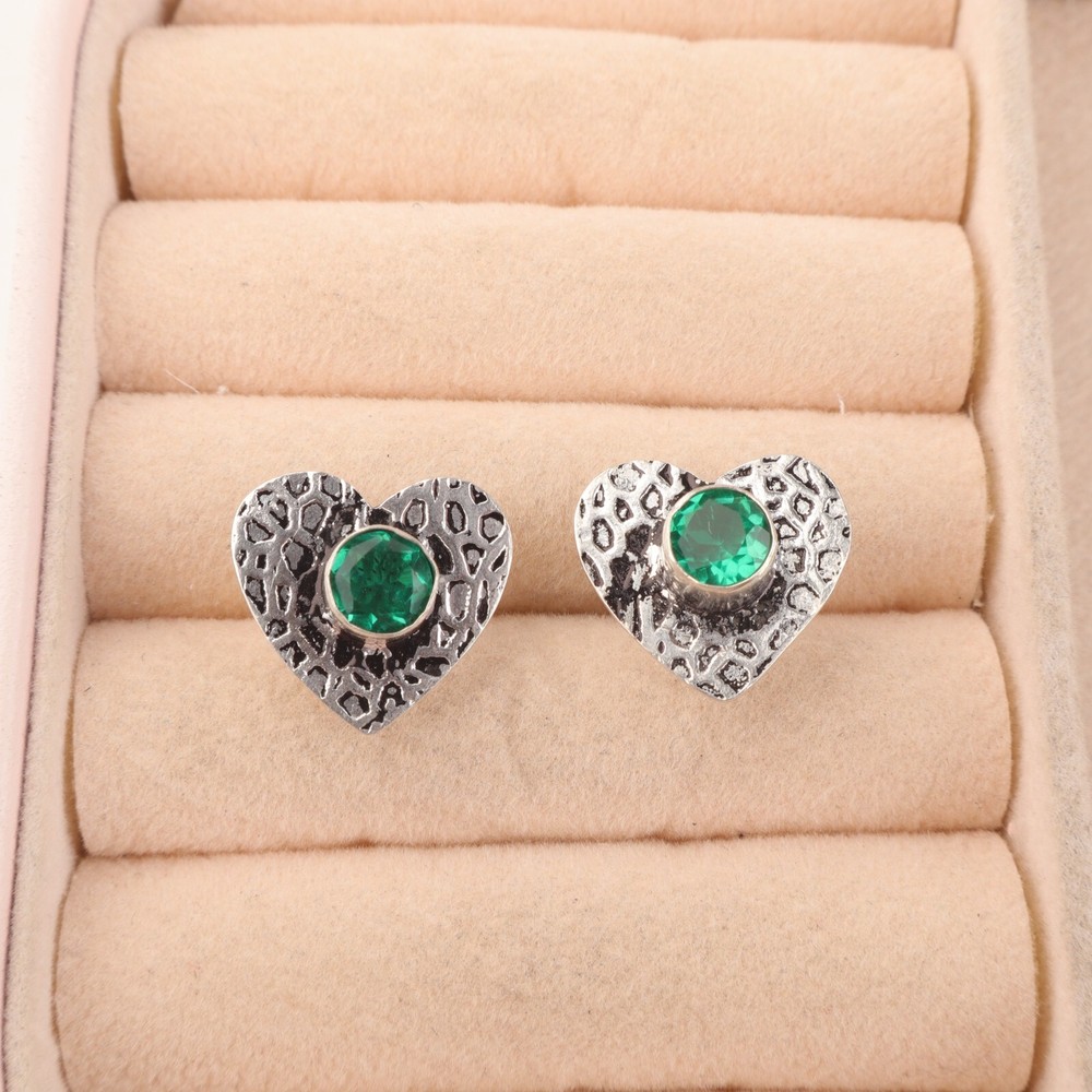 925 Sterling Silver Round Green Emerald Bezel Drop Earrings for Women  