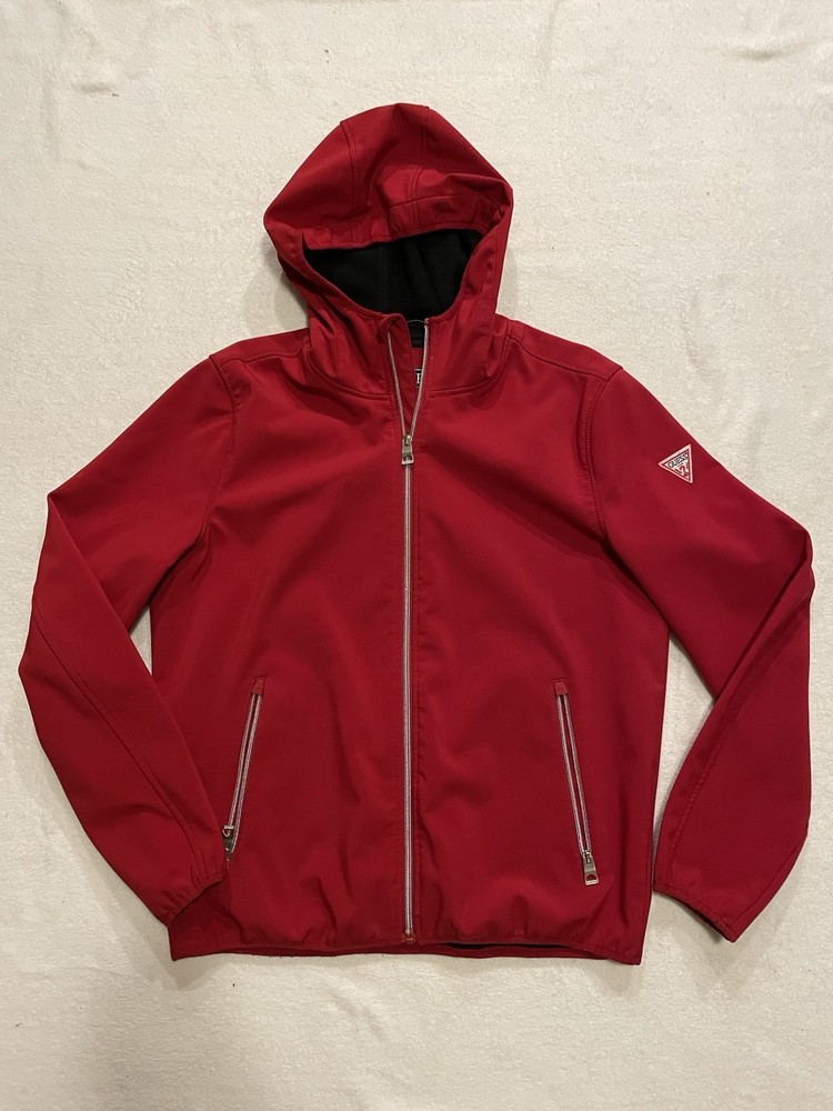 GUESS Men's Hooded Windbreaker Jacket Red Full Zip Zipped Pockets