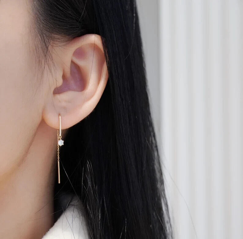 Valentines Day Gift .5Ct Natural Diamond Long Wire Drop Earrings 14K Yellow Gold-image