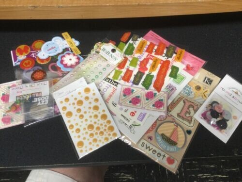 EMBELLISHMENTS and STICKERS, assorted, layered